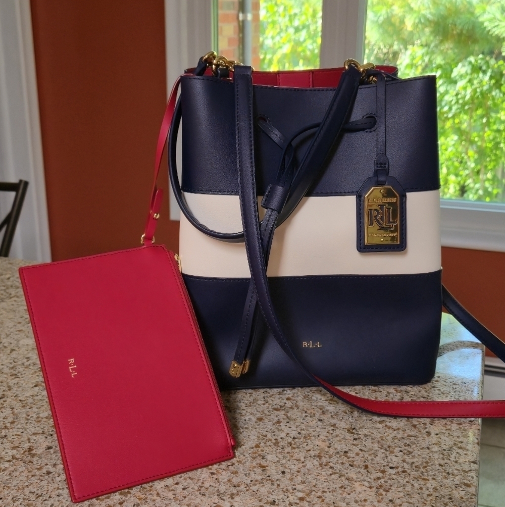 Lauren Ralph Lauren Navy and White Red Color Women's Handbag 2 Pc Size Large - Picture 10 of 16